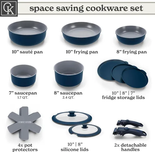 Miniatura 3 de Country Kitchen Juego de utensilios de cocina con mango extraíble, juego de ollas y sartenes aptas para horno y autocaravana, denim, original