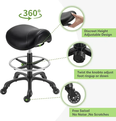 Miniatura 3 de Taburete de salón con reposapiés, resistente, altura ajustable, silla de esteticista rodante para tatuaje, spa, clínica dentista médica (negro)
