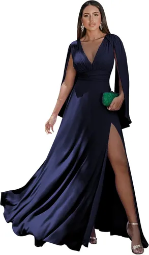 Miniatura 6 de Women's Long Sleeve Bridesmaid Dresses V-Neck Chiffon Ruched Formal Dress Evening Gown with Slit