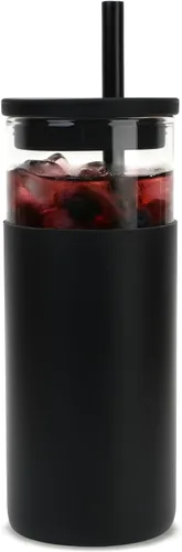 Tronco Vaso de vidrio de 20 onzas con tapas y pajitas, vasos reutilizables para batidos con tapa de silicona, taza de café helado con funda