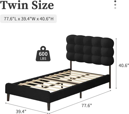 Miniatura 2 de Base de cama individual BarnFurin, cama plataforma con cabecero tapizado, base de cama de tela de bouclé suave con soporte de listones de madera