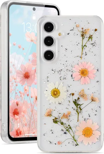 Miniatura 8 de EYZUTAK Funda para Samsung Galaxy A15 4G/5G, Bling Glitter Lentejuelas Hecho a Mano Hoja De Flor Seca Real Funda Estética Transparente Embedded