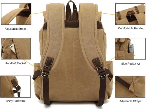 Miniatura 4 de HuaChen Mochila de lona, mochila vintage para laptop de 14 pulgadas, mochila de viaje y senderismo con bolsillo antirrobo, ribete de cuero genuino