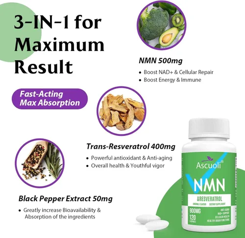 Miniatura 9 de Sublingual NMN 500mg + Trans-Resveratrol 400 mg, fórmula avanzada 3 en 1 99% puro NMN Resveratrol Suplemento para Boost* NAD, células, inmune