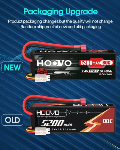 Miniatura 7 de HOOVO 2S 7.4V 5200mAh 80C RC LiPo - Carcasa rígida con conector T para vehículos RC Buggy, coche, barco, camión (paquete de 2)
