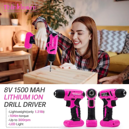 Miniatura 3 de Juego de taladro inalámbrico rosa de 8V, kit de herramientas de taladro Pink Power de 64 piezas para mujeres, juego de destornillador eléctrico
