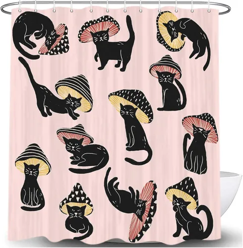 Miniatura 11 de MERCHR Cortina de Ducha de Gato Lindo Campista para Baño de Remolque de Viaje, Divertido Juego de Cortinas de Ducha de Tela Negra con Gato