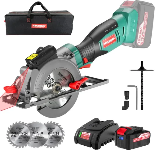 HYCHIKA Sierra circular inalámbrica, sierra circular mini de 18V con batería de 4.0Ah, 3 cuchillas (4-1/2", 4-9/10"), 3500 RPM, profundidad máxima
