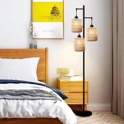 Miniatura 3 de QIYIZM - Lámpara de pie con diseño de árbol de 3 bombillas; alta, rústica, estilo rural, industrial y boho, pantalla de mimbre y bambú; para sala
