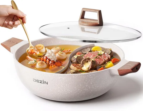 DEZIN 5-QT Olla de Doble Sabor Shabu Shabu con Divisorio, Olla de Inducción Antiadherente de Doble Cara, Olla de 12 Pulgadas Dividida para Cocinar,