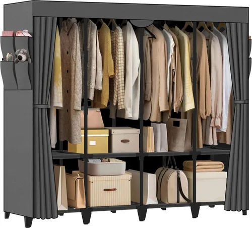 Miniatura 8 de Armario de Ropa, Montaje Rápido y Fácil, Clóset Portátil Negro con 2 Barras Colgantes, 4 Estantes de Almacenamiento y 8 Bolsillos Laterales, Estante