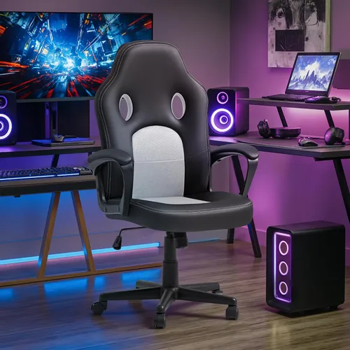 Miniatura 2 de Silla ejecutiva de piel para oficina, sala de conferencias o videojuegos con respaldo alto, ergonómica, ajustable., Blanco