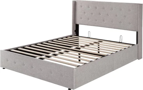 Miniatura 9 de SHA CERLIN Base de cama tamaño queen con almacenamiento elevado, cabecero abatible con botón, plataforma tapizada, almacenamiento hidráulico, Beige