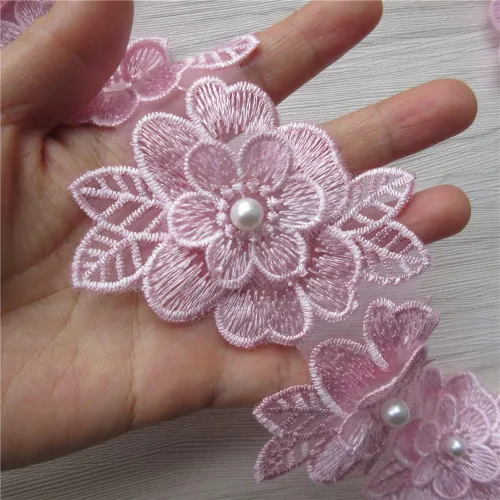 Miniatura 12 de 2 yardas de encaje de flores 3D con perlas bordadas, de poliéster, cinta de encaje con aplicación de patchwork para vestido de novia, manualidades