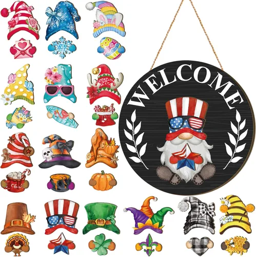 Miniatura 26 de Qunclay 31 piezas 3D de grano natural intercambiable de madera gnomo para puerta, decoraciones navideñas de gnomo con piezas magnéticas y sombreros