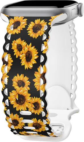 Compatible con Apple Watch Banda de 41mm 40mm 38mm 49mm 45mm 44mm 42mm para Mujeres, Correas Deportivas de Silicona Suave con Impresiones de Girasol