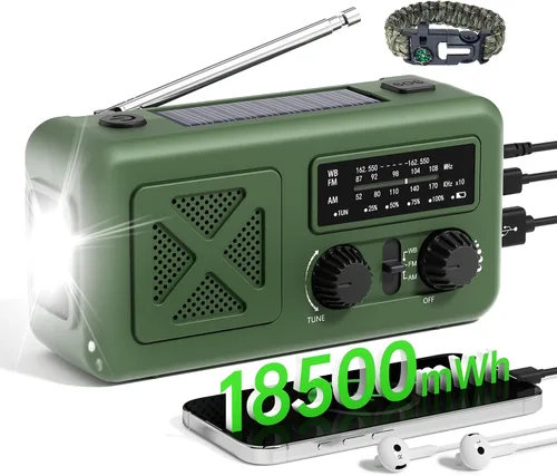 Miniatura 11 de Radio de emergencia con manivela solar, 10000 mAh/37000 mWh, radio meteorológica de emergencia, radios solares de manivela con NOAA/AM/FM, linterna