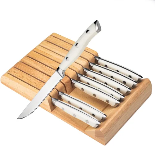 Miniatura 9 de Alata Juego de cuchillos para carne de 8 piezas, 4.7 pulgadas con borde dentado, cuchillos afilados para cena, construcción de espiga completa Negro