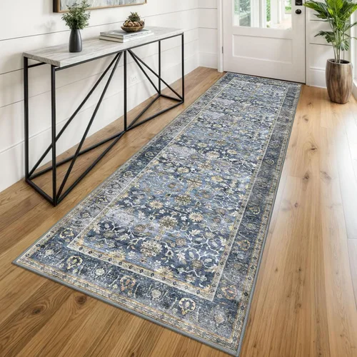 KUTA Alfombra de pasillo lavable vintage, 2.6 x 8 pulgadas, color azul, gris, beige, para pasillos, alfombras de cocina, antideslizantes, ultra