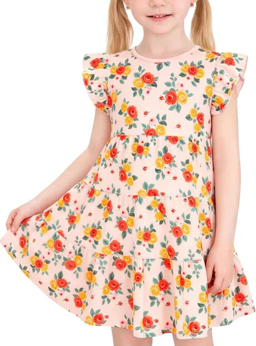 Miniatura 13 de Vestido casual para niñas, de algodón suave, manga corta, transpirable, acampanado, para adolescentes, talla 2T, 3T, 4T, 5, 6, 7, 8, 9, 10, 12, 13