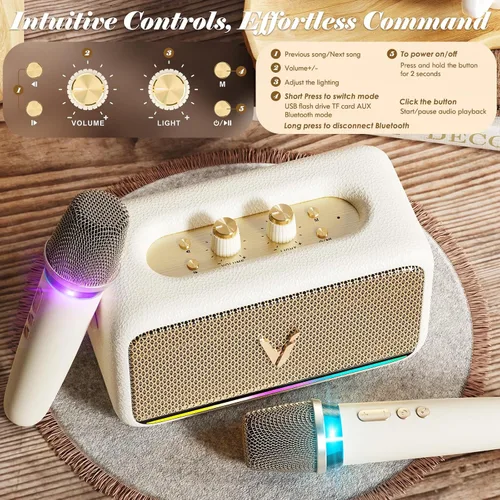 Miniatura 6 de Máquina de karaoke con 2 micrófonos inalámbricos y envoltura de cuero suave Mini altavoz Bluetooth portátil con 5 modos de cambio de voz