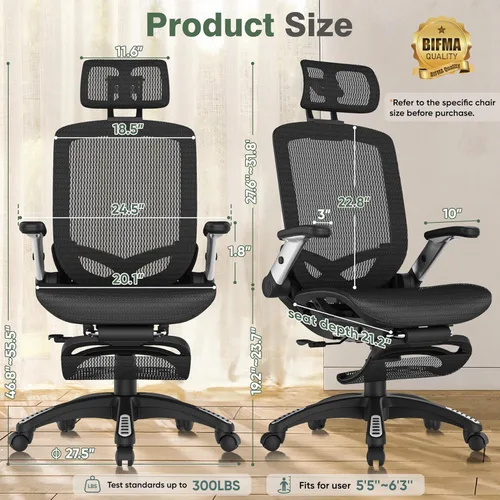 Miniatura 2 de GABRYLLY Silla de oficina con reposapiés, silla de escritorio ergonómica – 135° reclinable ancho, brazos abatibles de 45°, reposacabezas 3D