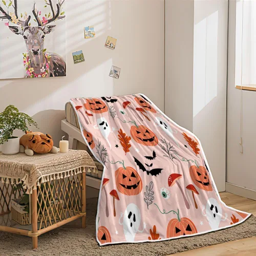 Miniatura 2 de JAWO Manta de Halloween con diseño de fantasma de calabaza rosa, cálida y cómoda, divertida manta de franela de hongos, sala de estar, decoración
