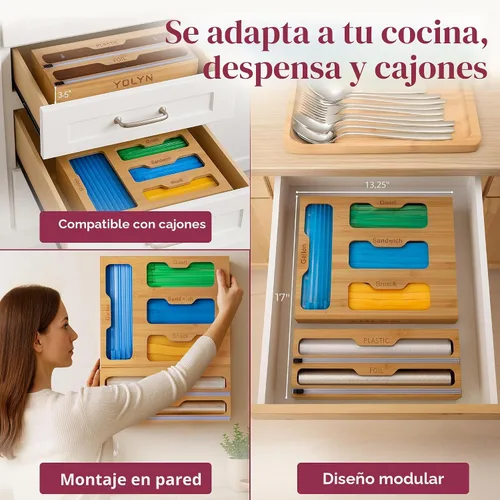 Miniatura 2 de Organizador de bolsas de almacenamiento de cocina de bambú, organizador de cajones con dispensador de aluminio, organizador de bambú para bolsas