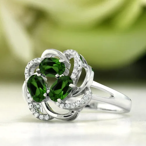 Miniatura 41 de Gem Stone King Flower Blossom Gemstone Birthstone Ring in 925 Sterling Silver 3-Stone Oval 6X4MM with Sparkling Accents Wedding Anniversary