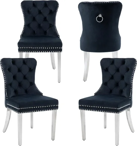 Miniatura 26 de Sillas de Comedor de Terciopelo Juego de 4, Colección Nikki Sillas de Comedor con Patas de Acero Inoxidable Plateado y Anilla, Silla Lateral de Lujo