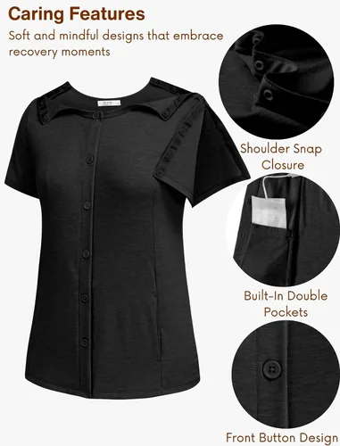 Miniatura 4 de Deyeek Camisas de mastectomía con bolsillos de drenaje para cirugía lateral de hombro para mujer, camisas de quimioterapia para acceso a puertos