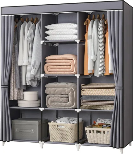 Miniatura 7 de Armario portátil, armario de 51 pulgadas para colgar ropa con 2 varillas para colgar, 8 estantes organizadores de almacenamiento para dormitorio