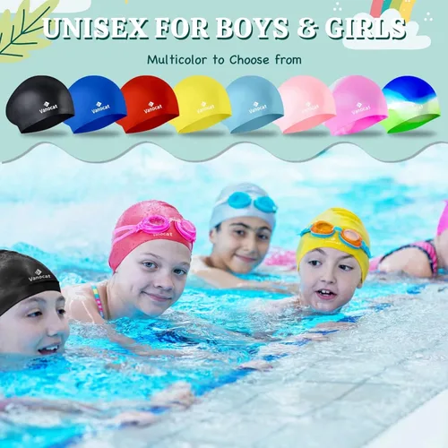 Miniatura 6 de 2 paquetes de gorras de natación para niños para cabello largo/corto, gorro de natación unisex de silicona para niños de 3 a 15 años, niños