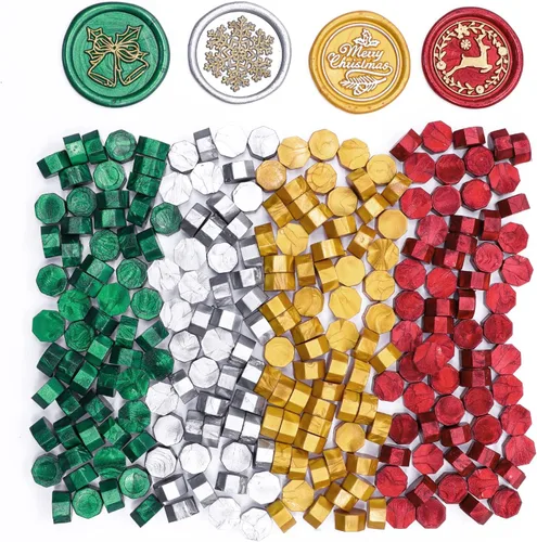 Miniatura 2 de SWANGSA Kit de 360 cuentas de cera de sellado doradas, rojas, verdes, plateadas, con 2 velas de té y 1 cuchara de cera para sello de cera