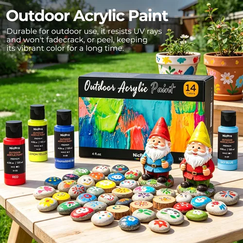 Miniatura 4 de Nicpro 14 colores pintura acrílica al aire libre a granel (120 ml, 4.06 oz) con pincel y esponja, cuchillo, pintura brillante no tóxica
