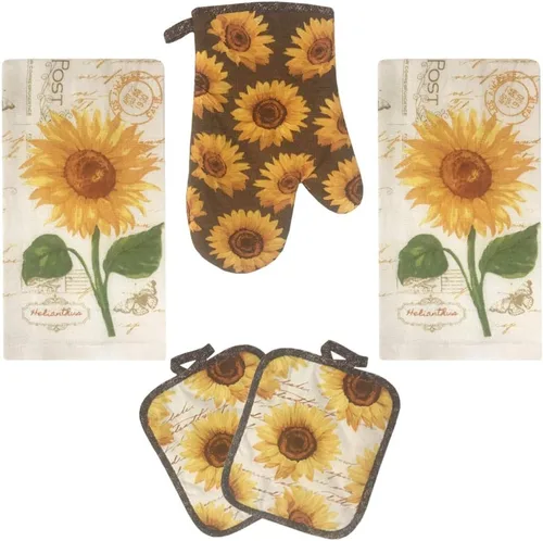 Juego de 5 piezas de toallas de cocina de girasol dorado: 2 toallas, 2 soportes para ollas, 1 manopla para horno