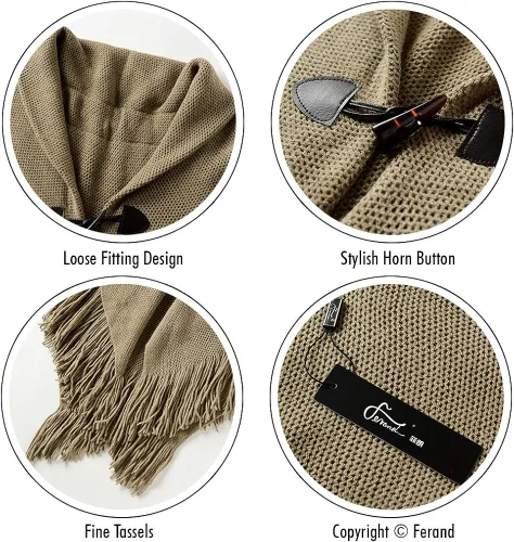 Miniatura 4 de Ferand Poncho de ajuste holgado para mujer con botones de cuerno elegantes cuello en V y dobladillo en V