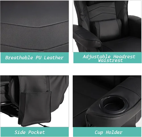 Miniatura 6 de LVUYOYO Silla reclinable para juegos, silla de juegos con reposapiés y masaje, respaldo alto de cuero PU reclinable para juegos con altura