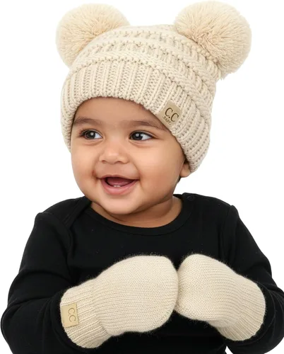 Miniatura 12 de Funky Junque Conjunto de gorro y mitones con doble pompón de pelo sintético para bebé – Gorro de invierno para recién nacidos de 0–9 meses