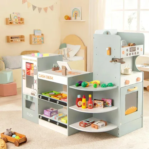 Miniatura 14 de Costzon Juego de simulación para tienda de comestibles, tienda de juegos de madera, juego de supermercado para niños pequeños con caja registradora