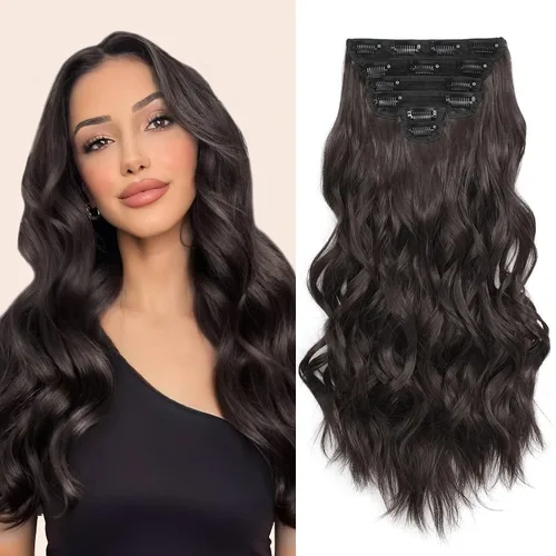 Miniatura 18 de Fliace Extensiones de cabello con clip para mujer, extensiones de cabello ondulado largo de color marrón medio, extensiones de cabello sintético