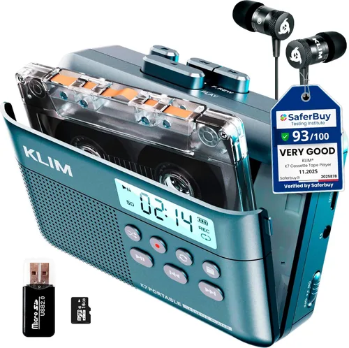KLIM Reproductor de cinta de casete K7 - Convertidor de casete a MP3 - Portátil - Micrófono y altavoz integrados - Batería recargable - Auriculares