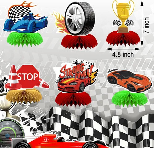 Miniatura 4 de Decoraciones de fiesta de autos de carreras, carteles de feliz cumpleaños, remolinos colgantes con temática de panal de abejas para autos