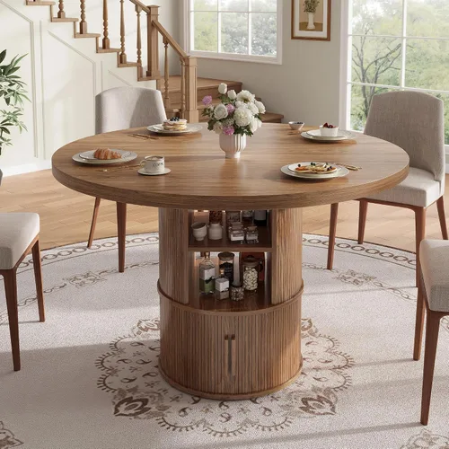 Miniatura 7 de Mesa de comedor redonda para 4, mesa de comedor de madera, mesa de cocina circular para el hogar, comedor, cocina, sala de estar (marrón nogal)