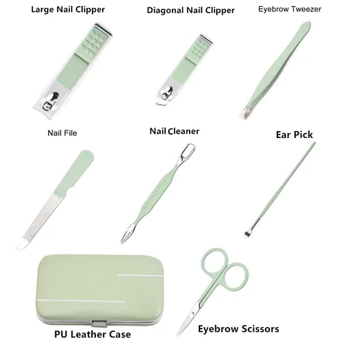 Miniatura 2 de Juego de manicura para hombres y mujeres, juego de cortaúñas de acero inoxidable 8 en 1, herramientas de cuidado personal con estuche de viaje Verde