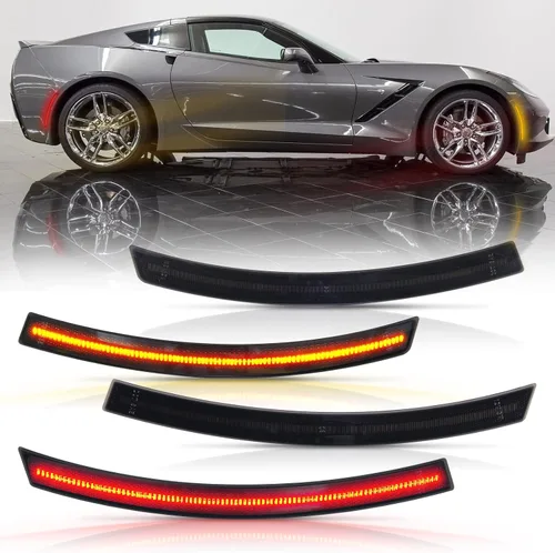 Gempro Kit de luces LED de señalización lateral, color ámbar y trasero, rojo, reflector, para Chevy Corvette C7 2014-2019, lente ahumada, 4 unidades