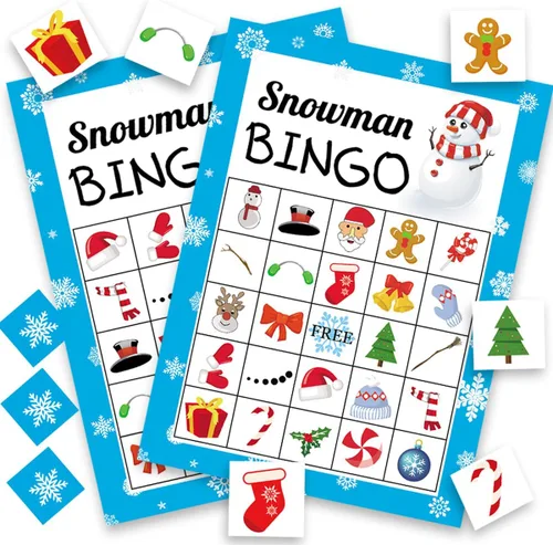 Juego de bingo navideño de Happy Storm para niños y adultos, tarjetas de muñeco de nieve, 24 jugadores, juegos de invierno y actividades festivas,