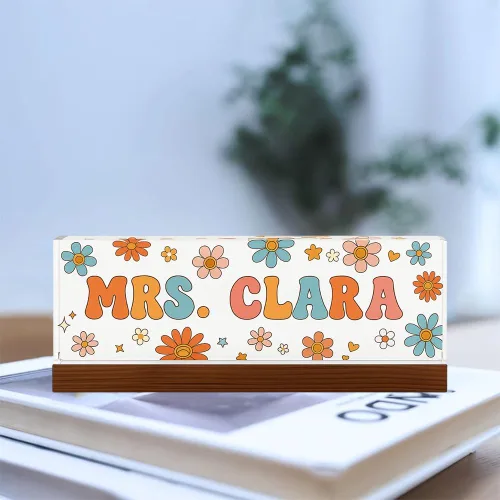Miniatura 2 de Placa de nombre personalizada para escritorio para profesores, placa de nombre de acrílico personalizada para maestros con base de madera, letrero