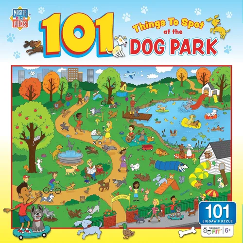 Masterpieces Rompecabezas familiar de 100 piezas para familias, 101 cosas para detectar en el parque para perros, 14 x 19 pulgadas
