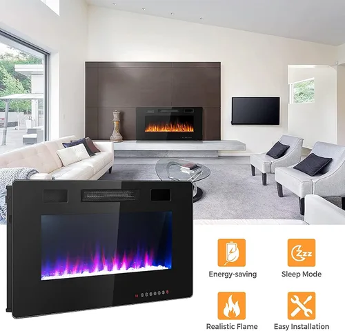Miniatura 7 de Topment Chimenea eléctrica empotrada y montada en la pared con color y velocidad de llama ajustables, control remoto y táctil con temporizador, bajo
